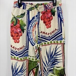 Rachel Zoe Pants Womens Size M Multicolor Tropical Pull On Wideleg Linen Blend